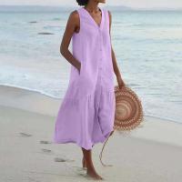 Verano suelto Casual Patchwork algodón en Pocktes cuello en V estilo de playa sin mangas Vintage Club Midi vestido de mujer sólido - details 4