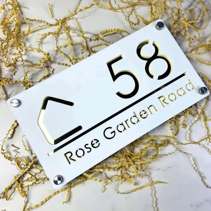 Placa de señal de número de casa acrílica cortada con láser, espejo Gery mate personalizado, nombre de dirección, señales para exteriores, placa de pared - 1