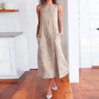 Vestidos informales sin mangas para mujer, Vestidos largos estampados a rayas Vintage para playa, vestido veraniego holgado para mujer 2025 con bolsillos - details 1