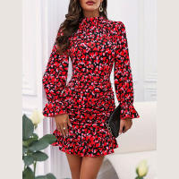 Elegante estampado plisado sentido diseño vestido manga larga cuello vertical volantes envoltura falda de cadera - details 3
