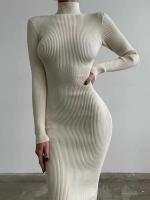 Elegante Vestido Bodycon de Moda Otoñal de Cuello Alto Manga Larga Color Sólido - details 1
