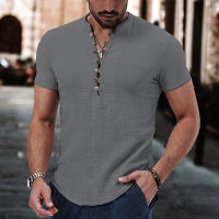 Blusa de lino para hombre, camiseta informal de manga corta con cuello Henley, talla grande, negro, blanco, gris, vino, rojo, beige - details 2