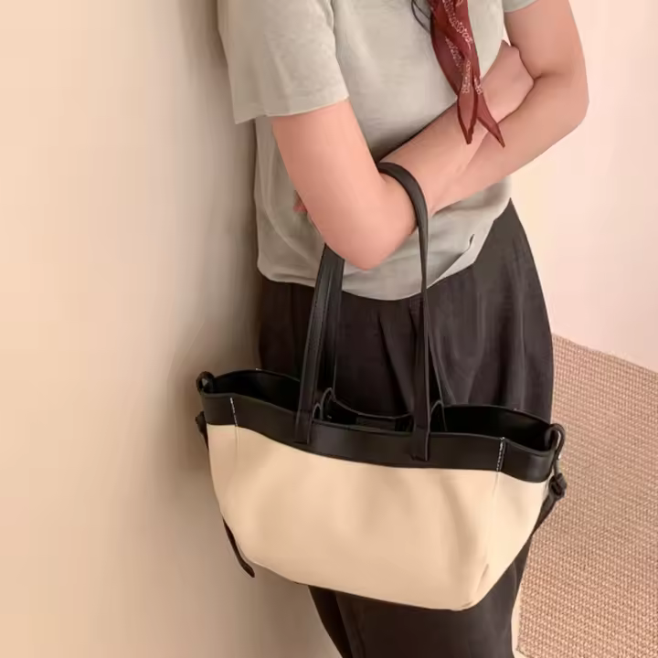 2025 nuevo nicho retro empalme bolsa de mano de lona de color contrastante bolso de gran capacidad bolso de hombro versátil - 1