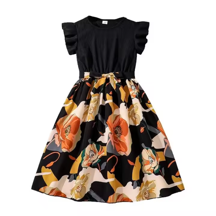 Vestido de punto negro con cinturón y estampado de gasa, vestido de estilo vintage a la moda para niñas, ropa de bautismo saliente diaria - 1