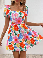Vestido corto con manga farol y falda para la playa estampada con cuello en V novedad de verano 2025 para mujer - details 7
