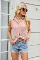 Camisa y blusa de verano para mujer, blusa holgada de gasa de Color sólido sin mangas con botones, hermosa en promociones, Tops femeninos - details 15
