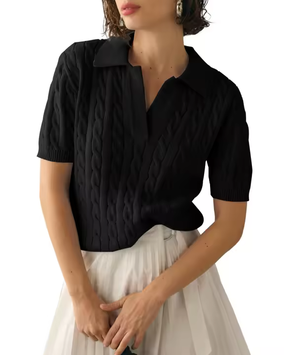 Suéter de manga corta con cuello en V para mujer, Jersey informal de punto con cuello de solapa suave, color rosa, a la moda, Y2K - 1