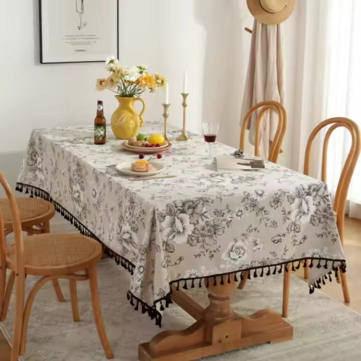 Mantel de Mesa de Algodón y Lino con Estampado de Peonía Cubierta de Mesa Floral Circular con Borla para Bodas y Fiestas - 1