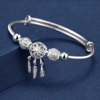 Brazalete de plata de ley 925 de tamaño ajustable, atrapasueños, borla, pluma, cuentas redondas, pulsera, joyería para mujer, boda - details 0