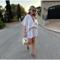 Conjunto de pantalones cortos a rayas para vacaciones para mujer, camisa informal con botones y solapa, pantalones cortos con cintura elástica, traje de playa para primavera y verano 2025 - details 16