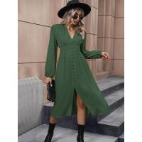 Vestido Elegante de Color Sólido para Mujer Primavera Otoño 2025 Cuello en V Manga Larga con Abertura Promoción - details 6