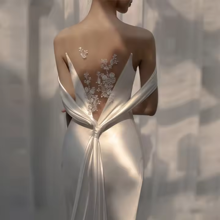 Satén francés ligero 2025 nuevo diseño de nicho de cola de novia, vestido de novia blanco estilo bosque dulce con borde trasero - 1
