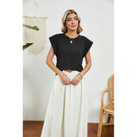 BUNO-2025 Tops para mujer, pantalón corto informal de moda de verano, camisetas básicas con textura a rayas de Color sólido y cuello redondo - details 41