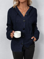 Cárdigan con capucha para mujer, suéter de punto de manga larga con cuello en V, sólido, abrigo de punto con cordón, otoño e invierno, nuevo - details 10