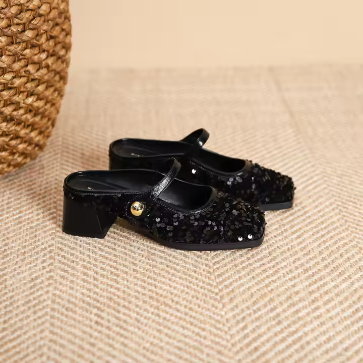 Zapatos Mary Jane de tacón medio con correa de una palabra de plata francesa - 1