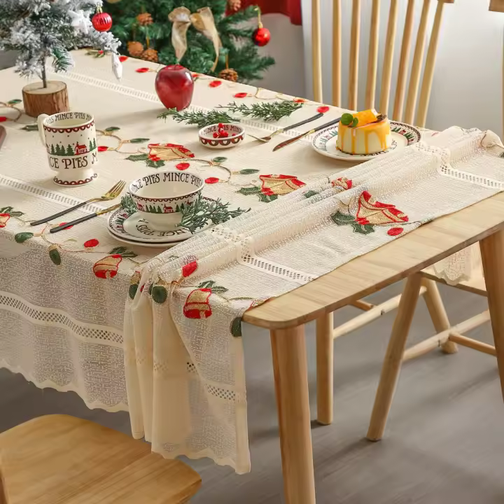Mantel de encaje navideño con bordado de flores, cubierta de mesa Vintage Beige, camino de mesa con patrón navideño de Papá Noel, decoraciones de mesa - 1