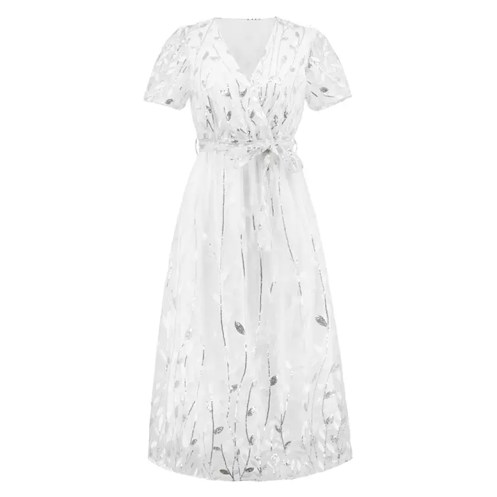 Vestido largo de fiesta de gasa de manga corta para mujer, vestido nupcial, Blanco S - 1
