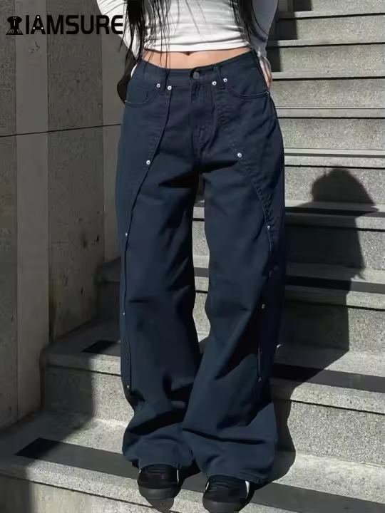 Pantalones Vaqueros Holgados Informales para Mujer Pantalones de Pierna Ancha, Básicos Rectos de Cintura Baja, Ropa de Calle para Primavera y Otoño 2025 - 1