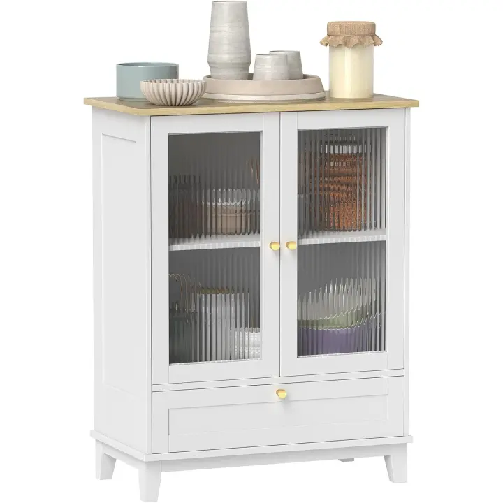 Mueble Auxiliar de Cocina Estante de Vidrio Ajustable con Cajón Blanco y Roble 68x35x85 cm - 1
