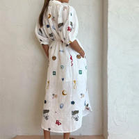 2025 primavera nueva ropa de mujer europea y americana moda suelta impresión solapa corbata burbuja manga camisa vestido 661 - details 4