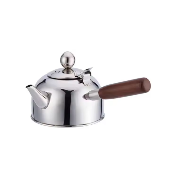 Tetera de acero inoxidable 304, tetera lateral de fondo plano con mango de madera, hervidor de agua hirviendo, tetera Retro china, Cocina de Inducción - 1