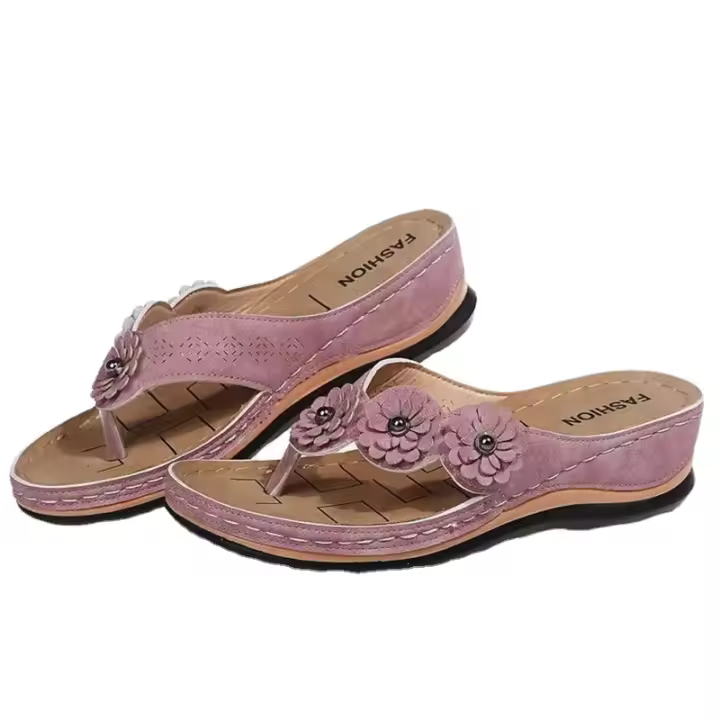 Women Flower Wedge Flip Flops Solid Color Non-slip Arch Support Slides Shoes Casual Outdoor Slippers - 1