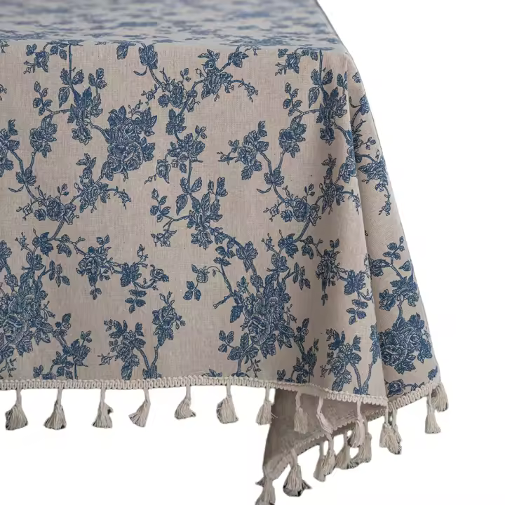 Mantel Cuadrado Retro Azul y Blanco Tela de Lino Sintético Lavable para Buffet Cocina - 1