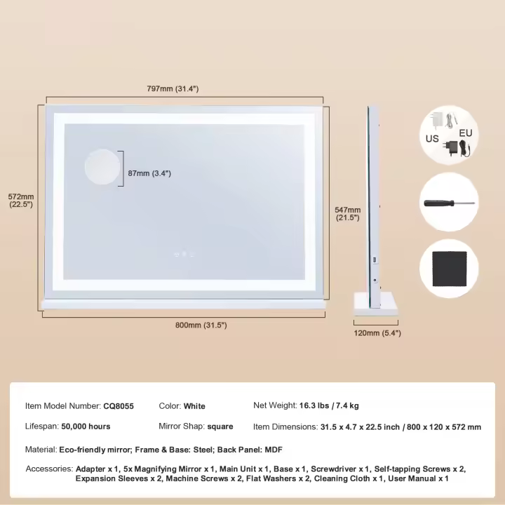 SucceBuy Espejo de tocador grande con luces, tres modos de color, aumento de 5X, puerto USB, Smart Touch. Escritorio o montado en la pared - 1