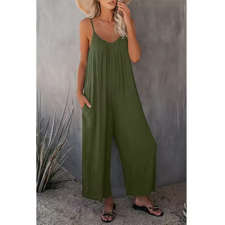 Mono informal de verano sin mangas con pernera ancha para mujer, pantalones de color liso con peto, mono culotte con bolsillos - 1