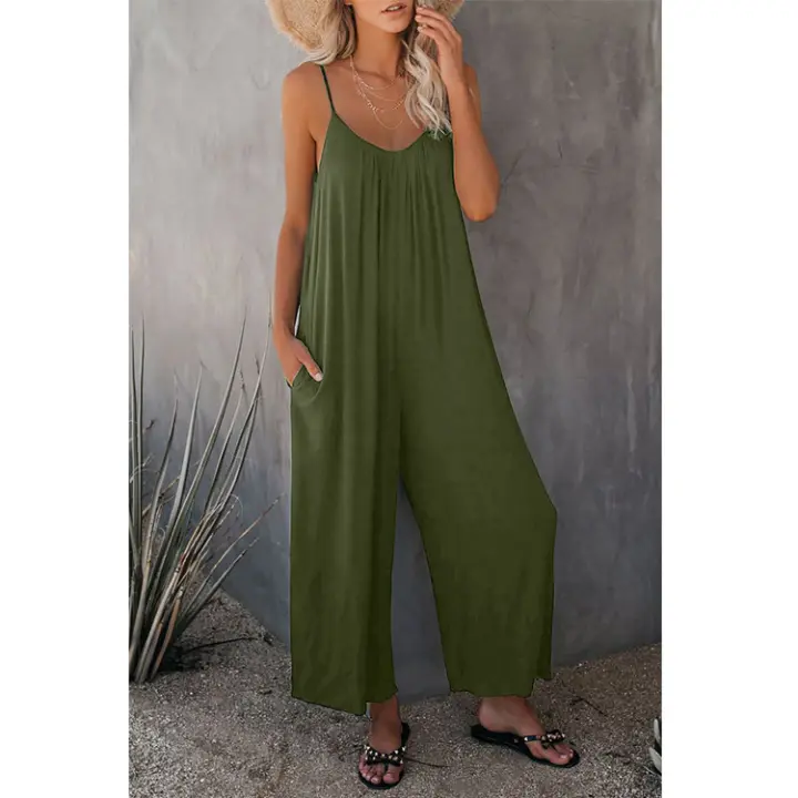 Mono informal de verano sin mangas con pernera ancha para mujer, pantalones de color liso con peto, mono culotte con bolsillos - 1