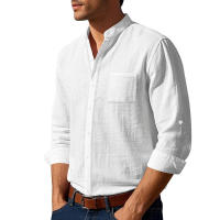 Camisa de lino de primavera y otoño, manga larga, cuello alto, transpirable, pegatina informal, camisa de bolsillo, hombres - details 12