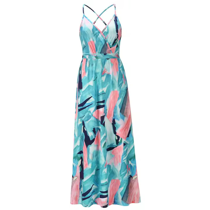 Vestidos largos con cuello en V para mujer, sin mangas, cintura alta, playa, Maxi, azul, rosa, estampado S - 1