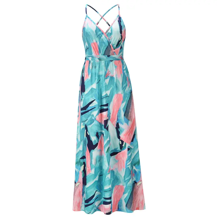 Vestidos largos con cuello en V para mujer, sin mangas, cintura alta, playa, Maxi, azul, rosa, estampado S - 1