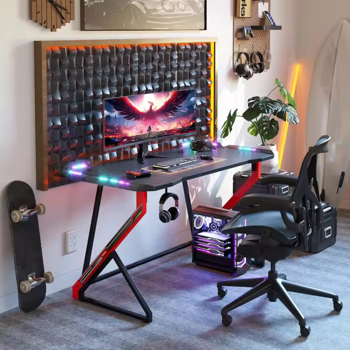 Escritorio Gaming con LED - 100x60cm Mesa de Ordenador Esport Ergonómico, Marco Z Fibra de Carbono Estable Fácil de Montar, Gancho Auriculares para Juegos Estudiar Trabajar - 1