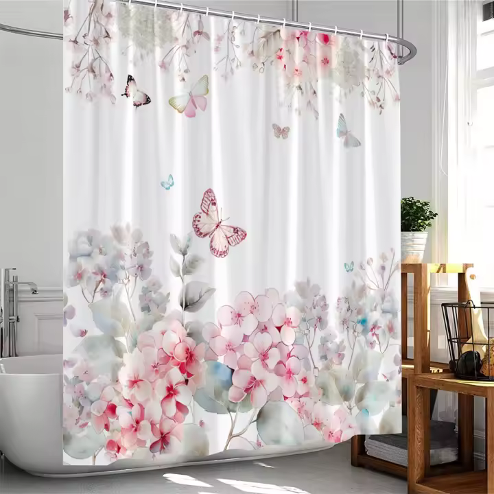 Cortina de ducha de plantas florales, flores, mariposa de bambú, enredaderas verdes, hierbas botánicas, decoración moderna para baño, cortina de bañera de poliéster - 1
