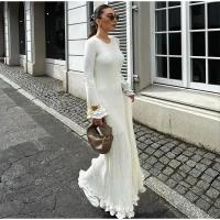 Maxivestido de punto con dobladillo y volantes para mujer, traje elegante acampanada de manga larga con cuello redondo y espalda - details 4