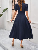 Primavera Verano elegante cintura con cuello en V Color sólido vestido de manga corta moda mujer - details 14
