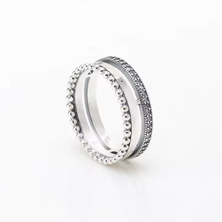 Anillo de Boda para Mujeres 925 Plata de Ley con Logo de Firma Pavé y Cuentas Joyería de Luna y Estrella de Zirconia Cúbica Regalo de Joyería de Boda - 1
