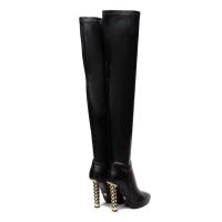 Botas hasta la rodilla con tacón de Metal dorado para mujer, botines de invierno con cierre de cremallera de cuero negro puntiagudo, impermeables, 2024 - details 0