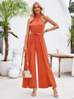 Mono pantalon mujer pierna ancha  Color puro Casual Sexy y elegante Collar COLGANTE Mono plisado - details 6