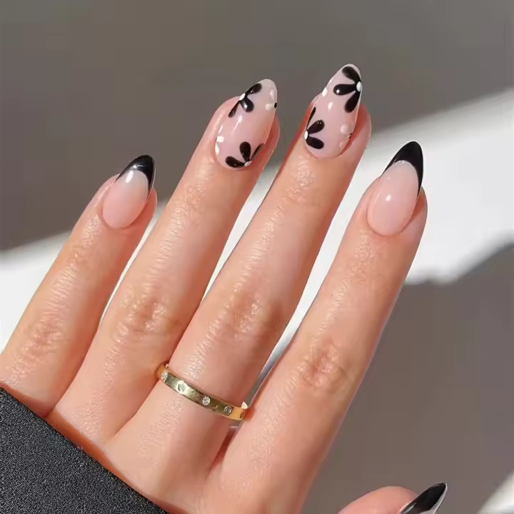 Uñas postizas ABS de pelo negro con patrón de pétalos de flor largos 24 para uso diario, fiesta y baile. Uñas postizas de acrílico con brillo completo. - 1