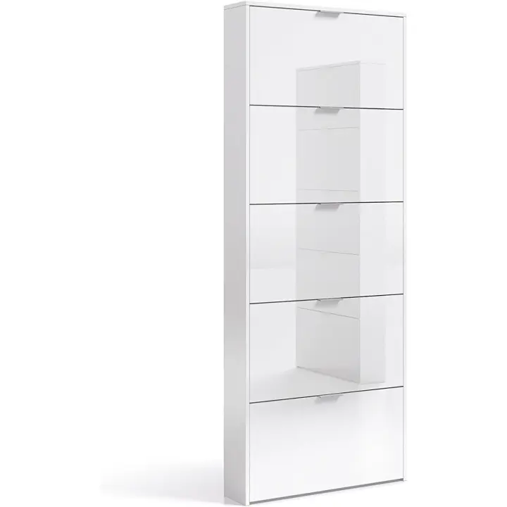 5 Puertas, Mueble Zapatero Estrecho Dormitorio,Capacidad 15 Pares, Color Blanco Brillo, Medidas: 70 x 180 x 17 cm de Fondo - 1