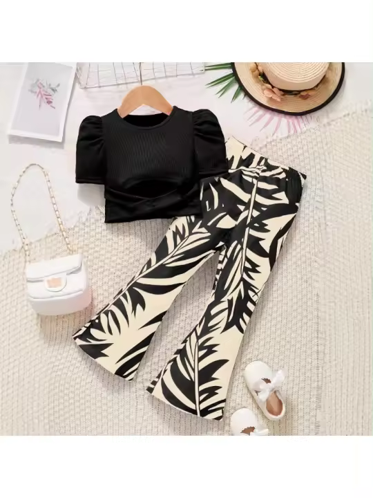 Conjunto de pantalones de primavera y verano para niñas Conjunto de pantalones acampanados de moda casual para niños - 1