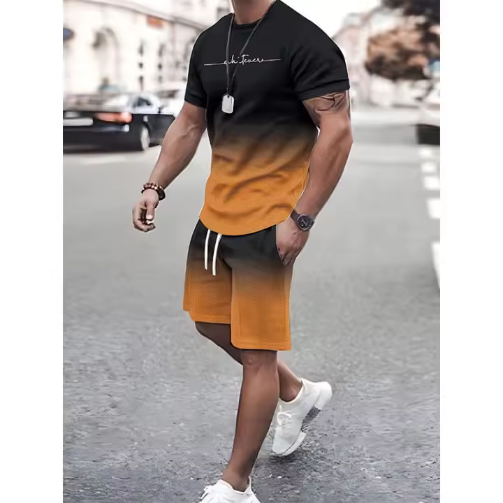 Hombres de dos piezas de color degradado monograma traje casual cuello redondo camiseta de manga corta con pantalones cortos de moda y cómodo - 1