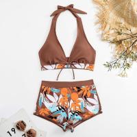 Bikini abierto con estampado de hojas retro en talla grande, conjunto de traje de baño de dos piezas con correas estables para mujer - details 78