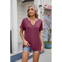 BUNO-2025 Nueva camiseta holgada de manga corta con cuello en V de Color sólido para mujer - details 16