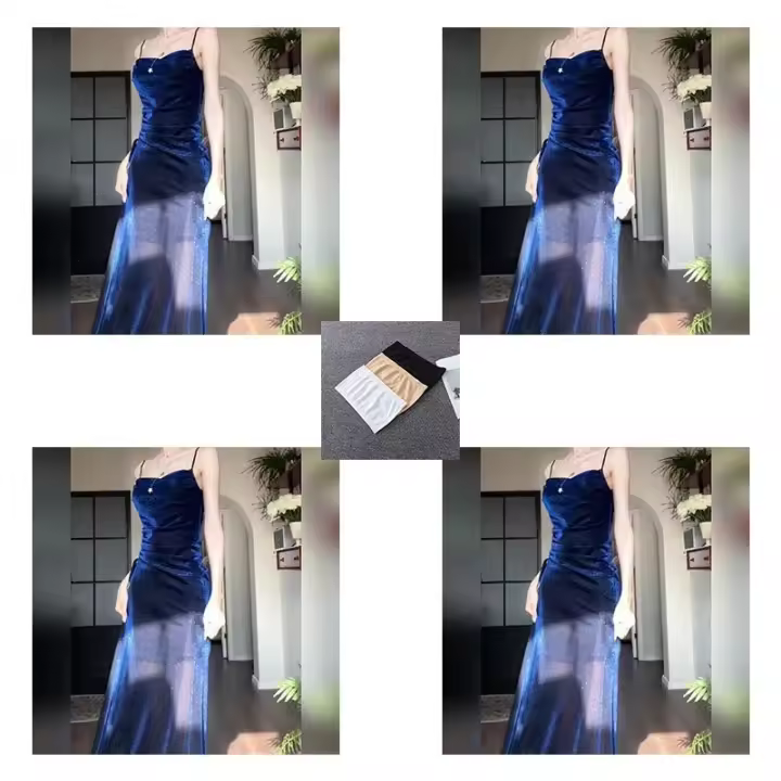 Collar con tirantes de seda brillante azul francés elegante de gran tamaño para reunión anual, falda de cola de pez ligera de lujo, vestido de noche - 1