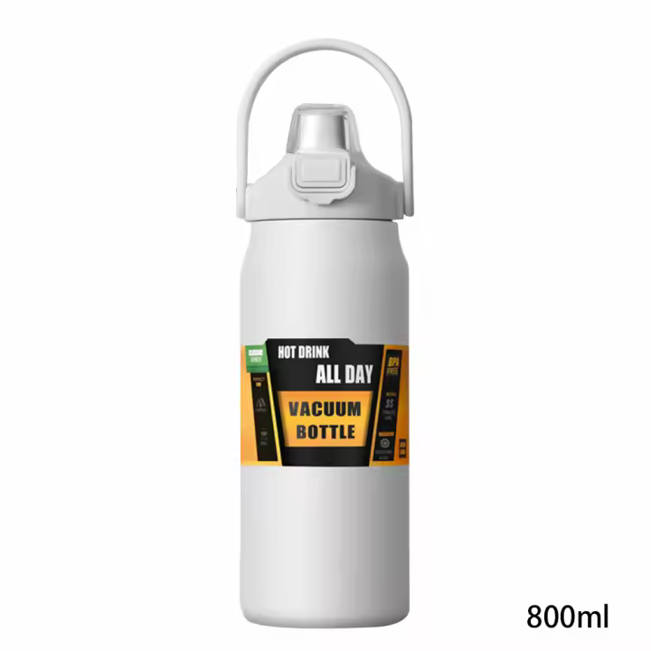 Botella de agua de acero inoxidable aislada, matraz deportivo portátil de gran capacidad con mango 2 en 1 para gimnasio, 800ml - 1