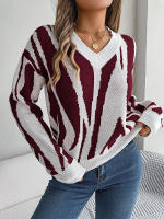 Jersey con cuello en V para mujer, suéter de manga larga con patrón geométrico de contraste, hilo de rosca, Tops informales de punto, otoño e invierno, 2023 - details 13
