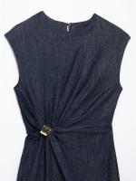 - Moda femenina de mezclilla plisada sin mangas larga con cuello redondo, elegantes vestidos de fiesta para mujer - details 2